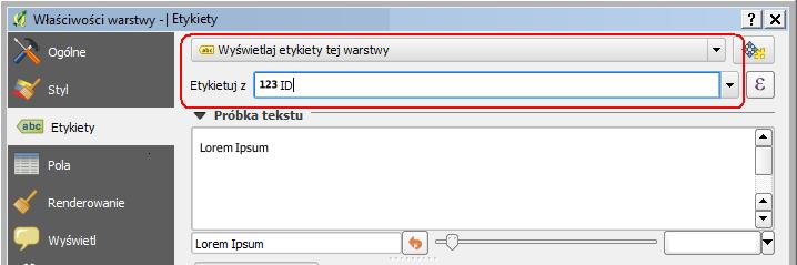 Aby poszczególne pikiety ze współrzędnymi wyświetlały się ze swoimi przyporządkowanymi numerami, należy wejść we właściwości warstwy ze współrzędnymi i w zakładce Etykiety wybrać opcję