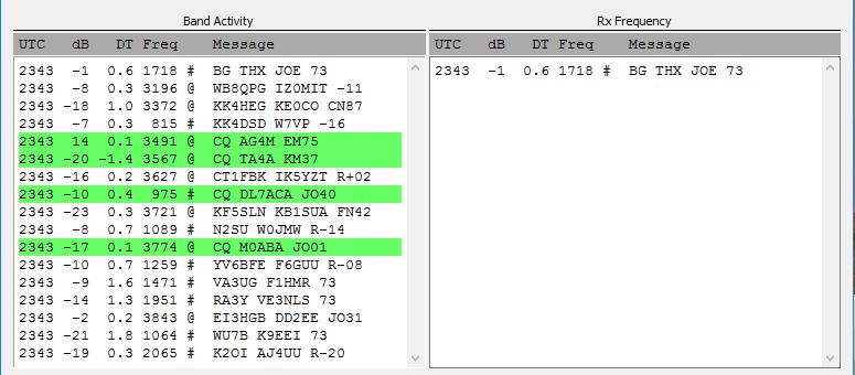 Potwierdź kliknięciem myszy podobnie jak opisanego wcześniej, w Przykładzie 1. WSJT-X automatycznie określa tryb każdej wiadomości JT9 lub JT65.
