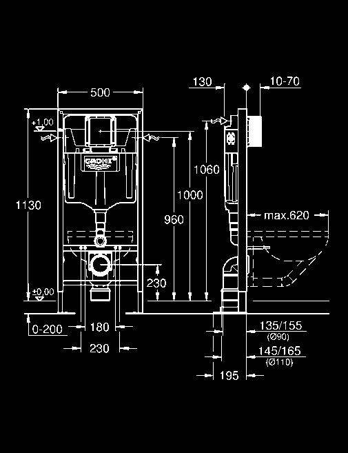 spłuczka do WC, 6-9 l ustawienie fabryczne 6l i 3l pneumatyczny zawór odpływowy z 3 funkcjami: 2-pojemn.