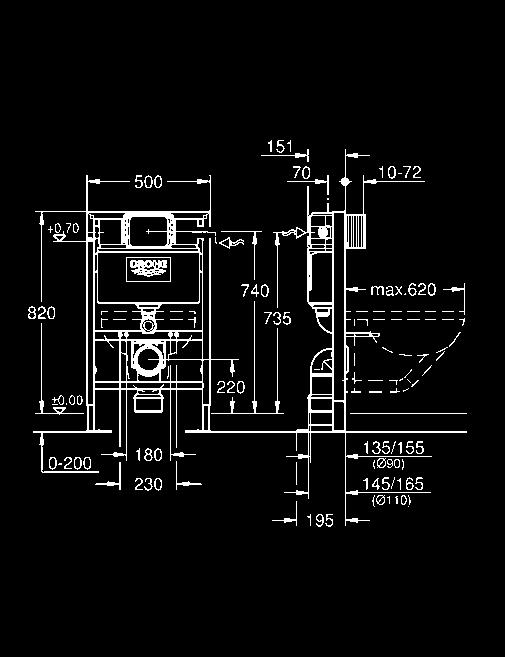 głębokości zabudowy kształtka redukcyjna Ø 90/110 mm zestaw dopływowy i odpływowy spłuczka do WC, 6-9 l pneumatyczny zawór odpływowy z 3 funkcjami: 2-pojemn.