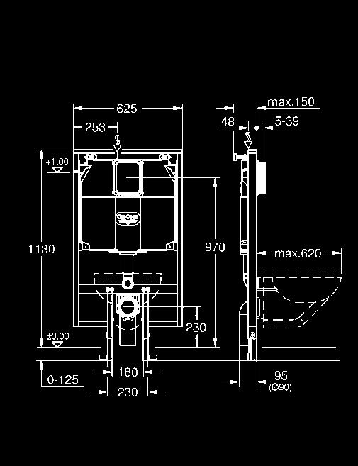 redukcyjna Ø 90/110 mm zestaw dopływowy i odpływowy zbiornik spłukujący 80 mm, 6-9 l ustawienie fabryczne 6l i 3l pneumatyczny zawór odpływowy z 3 funkcjami: , Start/Stop