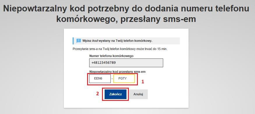 Zakładany czas, w którym wiadomość SMS powinna dotrzeć do użytkownika wynosi do 15 minut.