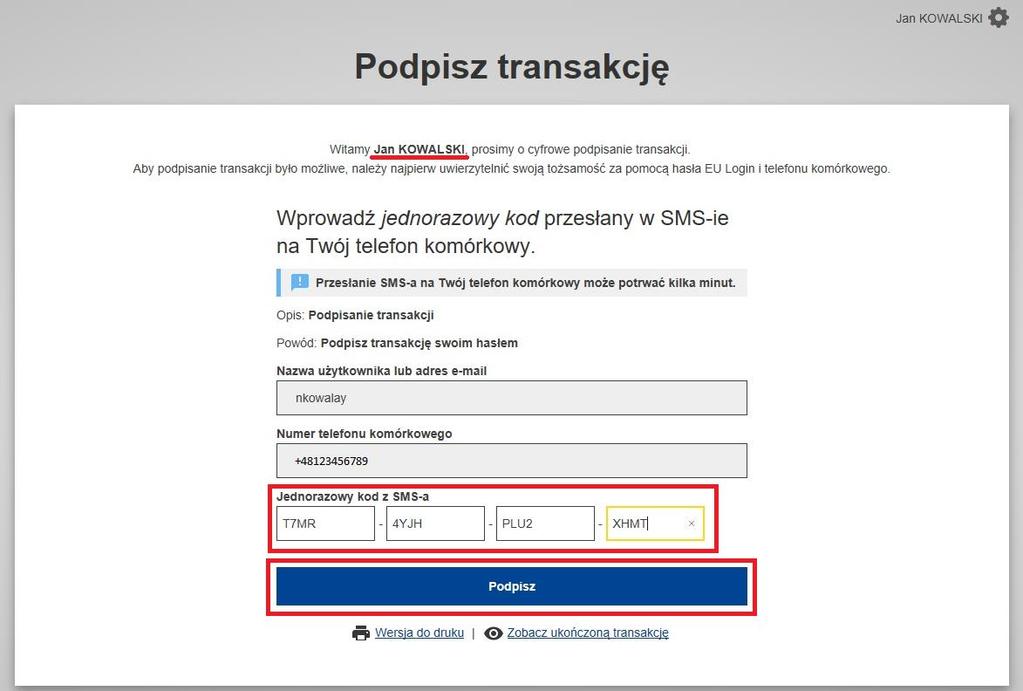 Użytkownik zostanie automatycznie przekierowany na stronę EU Login w celu podpisania transferu