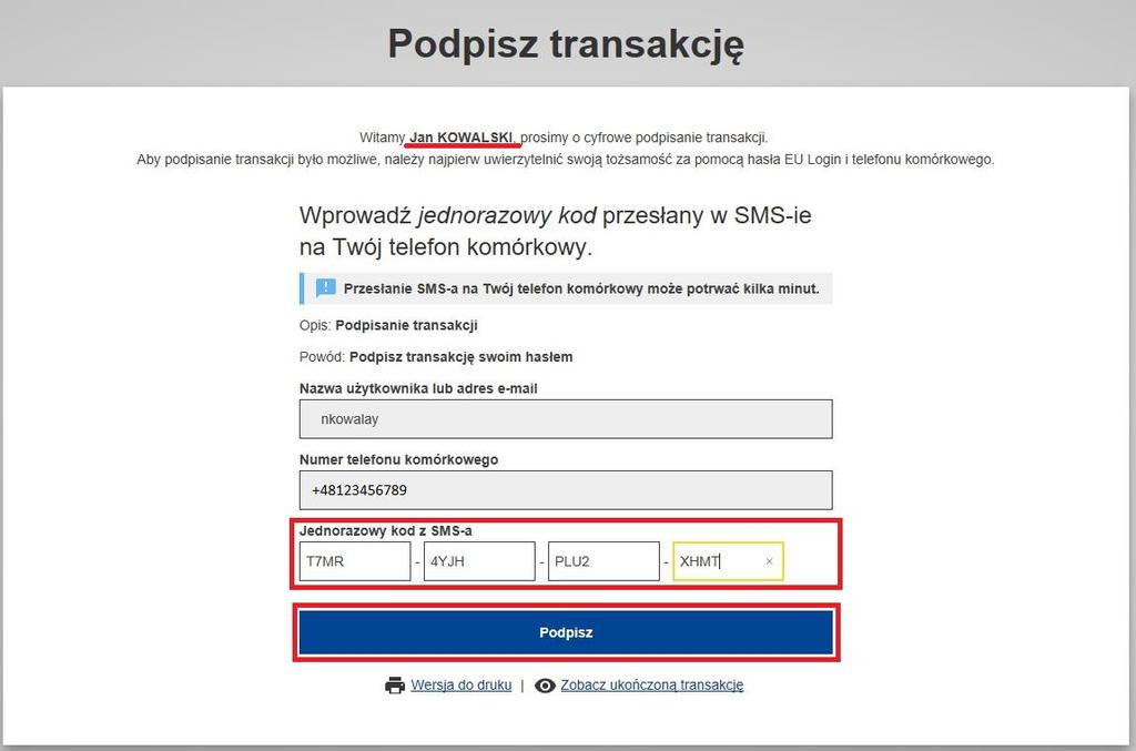 Po podpisaniu kodem transakcji zamiany użytkownik zostanie ponownie przekierowany na stronę Rejestru Unii; na zielonym pasku u góry ekranu widoczny