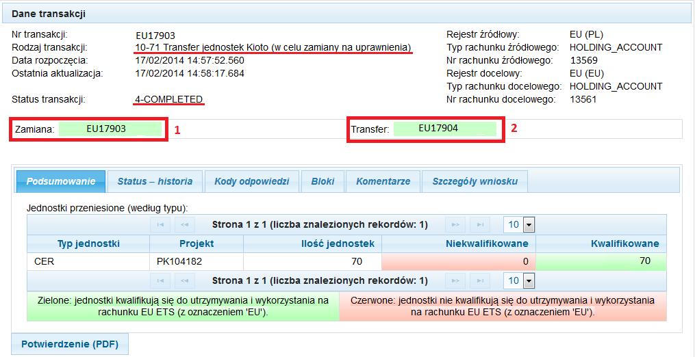 Po zatwierdzeniu transferu i jego poprawnym zakończeniu w Liście transakcji będą widoczne dwa transfery: Pierwszy z nich Zamiana (1) - to transfer jednostek Kioto w celu zamiany na uprawnienia,