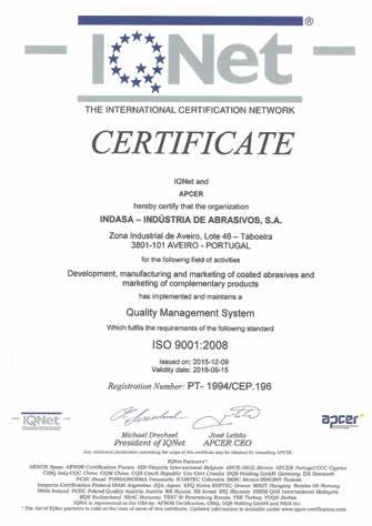 2 INDASA KATALOG/CENNIK 2018 Następstwem dynamicznego rozwoju firmy i sprzyjającej koniunktury było wdrożenie w 1994 roku Systemu Zapewnienia Jakości wg normy PN-EN ISO 9002.