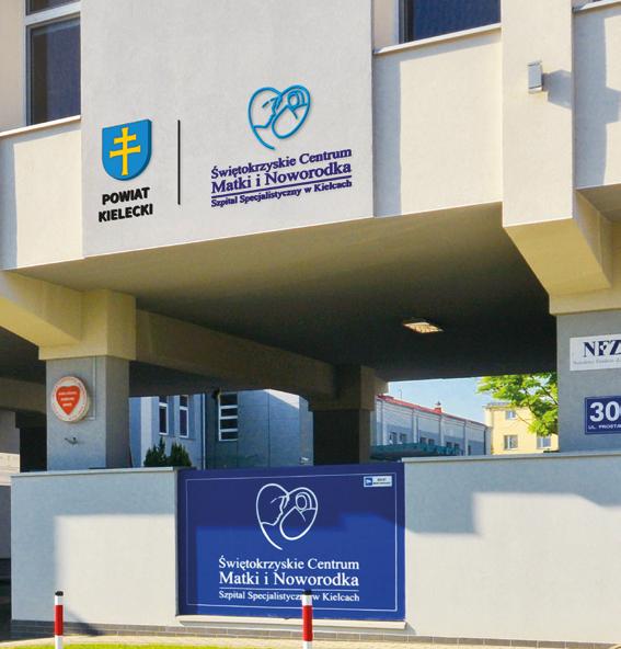 4.4 Przykład tablicy zewnętrznej na budynku jednostki powiatu kieleckiego Na oznakowanie jednostek podległych, składa się logotyp Powiatu Kieleckiego oraz logotyp jednostki podległej oddzielony od