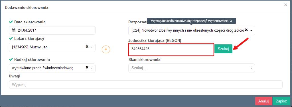 Rys. 27 Po uzupełnieniu danych lekarza kierującego, którego wcześniej nie było w bazie i ich zapisaniu, przy następnym wyszukiwaniu lekarz ten będzie już widoczny na liście dostępnych lekarzy