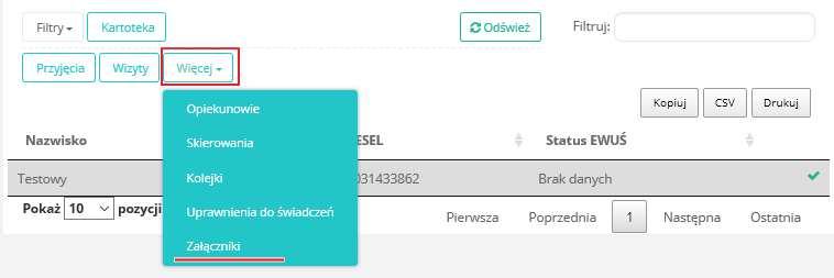 A - zawęża listę pacjentów do tych, którzy są przypisani do konkretnej wybranej komórki organizacyjnej, B - wyświetla listę pacjentów dla których zalogowany użytkownik jest obecnie przypisany, C