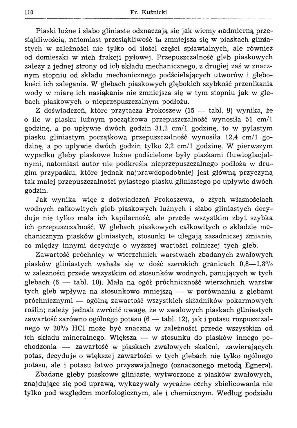 Fr. Kuźnicki Piaski luźne i słabo gliniaste odznaczają się jak wiemy nadm ierną przesiąkli wością, natom iast przesiąkliwość ta zmniejsza się w piaskach gliniastych w zależności nie tylko od ilości