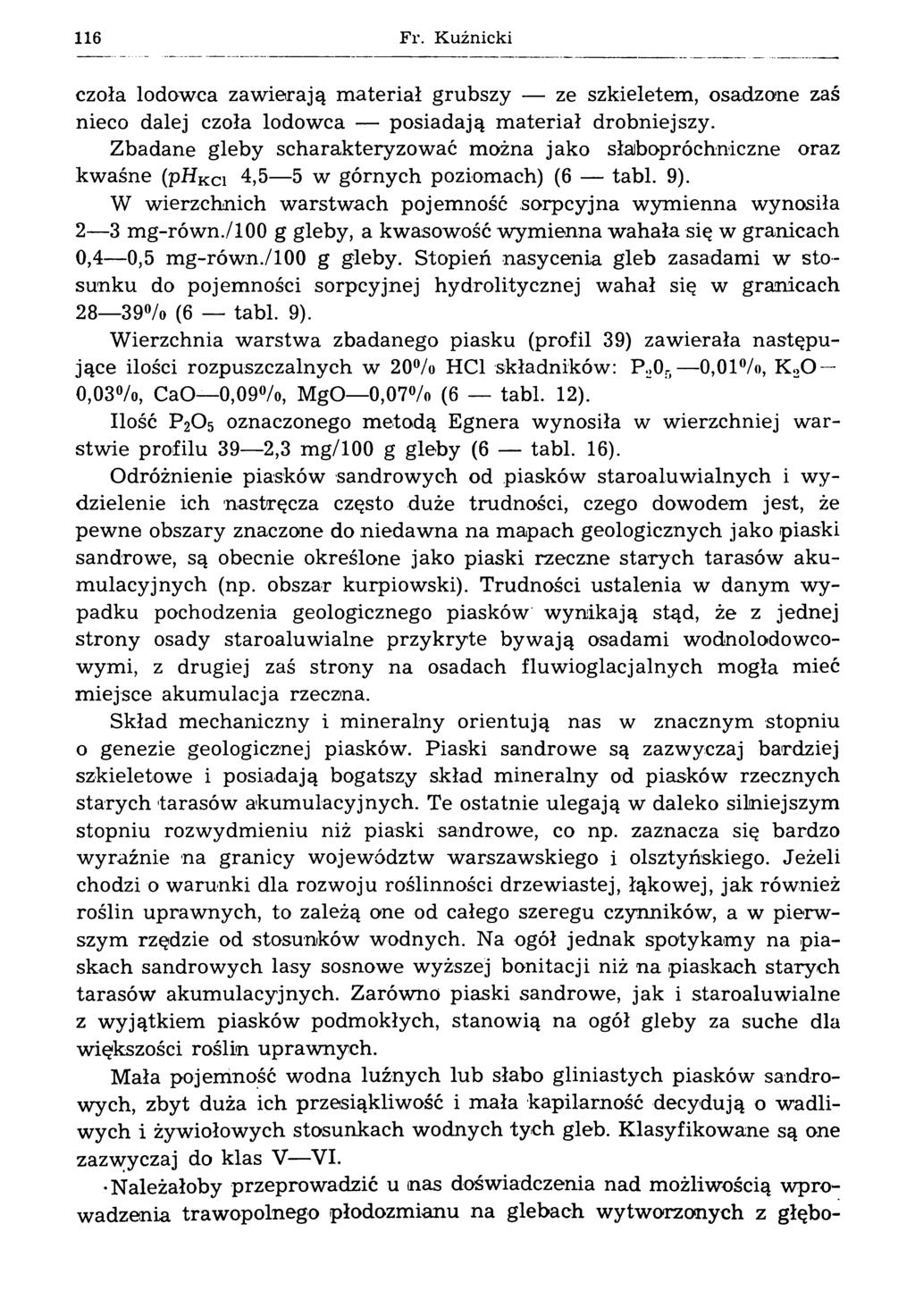 Fr. Kuźnicki czoła lodowca zawierają materiał grubszy ze szkieletem, osadzone zaś nieco dalej czoła lodowca posiadają m ateriał drobniejszy.