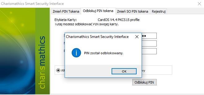 10 3. Odblokowanie PIN-u. Trzykrotne wprowadzenie niepoprawnego kodu PIN powoduje jego blokadę. Jeśli chcesz odblokować swój kod PIN -> uruchom aplikację Charismathics Smart Security Interface.