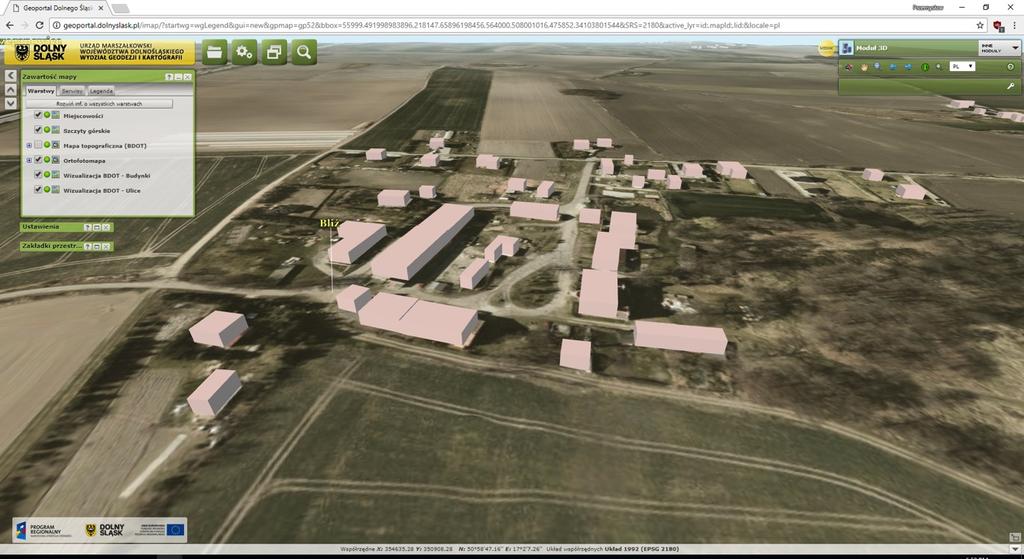 Geoportal Dolnośląski Jeszcze inny moduł 3D pozwala obejrzeć teren w trójwymiarowym rzucie.