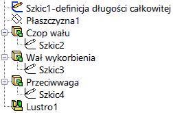 Po wykonaniu wszystkich operacji drzewo przeglądarki wygląda jak na rysunku 5.54. W złożonych modelach warto zmienić nazwy operacji i szkiców, zwiększając czytelność projektu (rysunek 5.55).