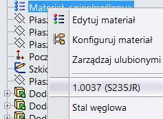 menu podręcznym pojawiła się lista (rysunek 5.59). Wystarczy kliknąć materiał na liście, aby go przypisać. Rysunek 5.59. Przykł ad wyboru materiału z listy ulubionych Właściwości masy wywoływane są z menu Narzędzia/Właściwości masy.