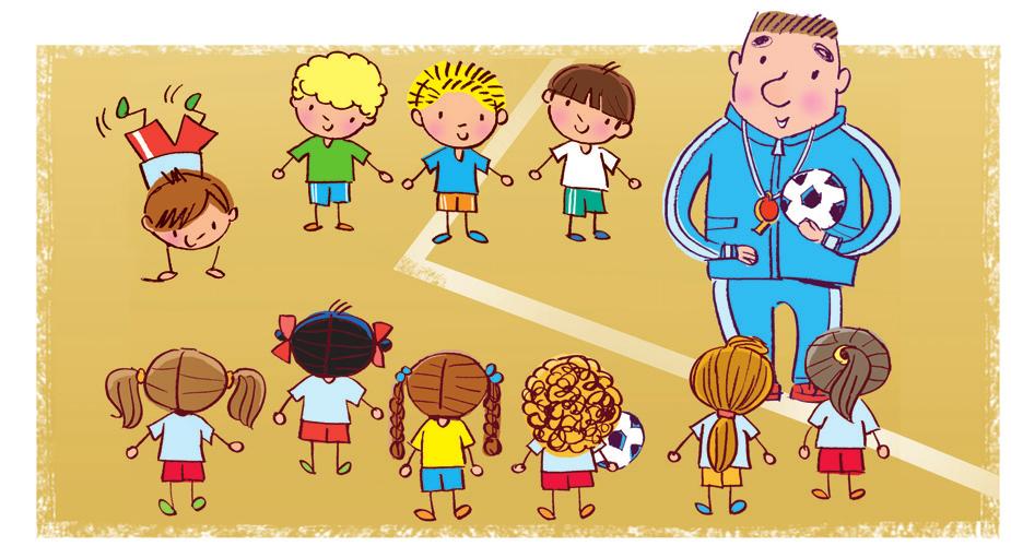 1. Przyjrzyj się ilustracji i odpowiedz na pytania. W której ręce trener trzyma piłkę? Po której stronie trenera stoją chłopcy? W której ręce trzyma piłkę dziewczynka?