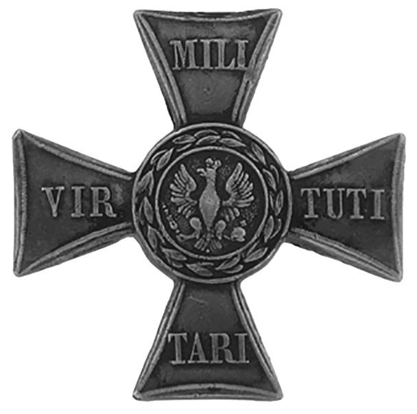 Krzyż hugenocki Krzyż powstał z rozbudowania krzyża maltańskiego zakończonego ośmioma kulkami, z umieszczonymi pomiędzy ramionami stylizowanymi liliami lub promieniami oraz gołębicą u dołu.
