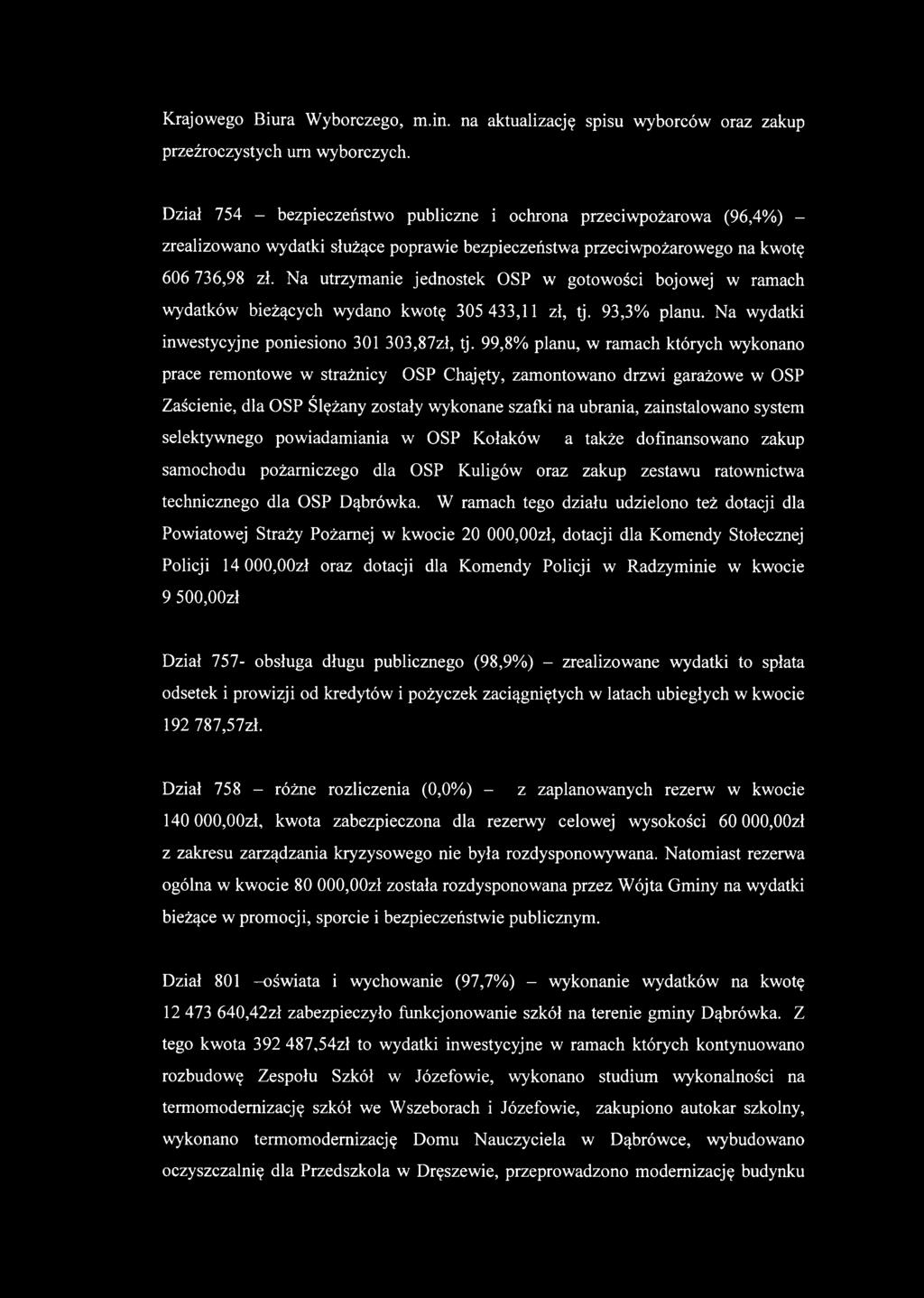 Na utrzymanie jednostek OSP w gotowości bojowej w ramach wydatków bieżących wydano kwotę 305 433,11 zł, tj. 93,3% planu. Na wydatki inwestycyjne poniesiono 301 303,87zł, tj.