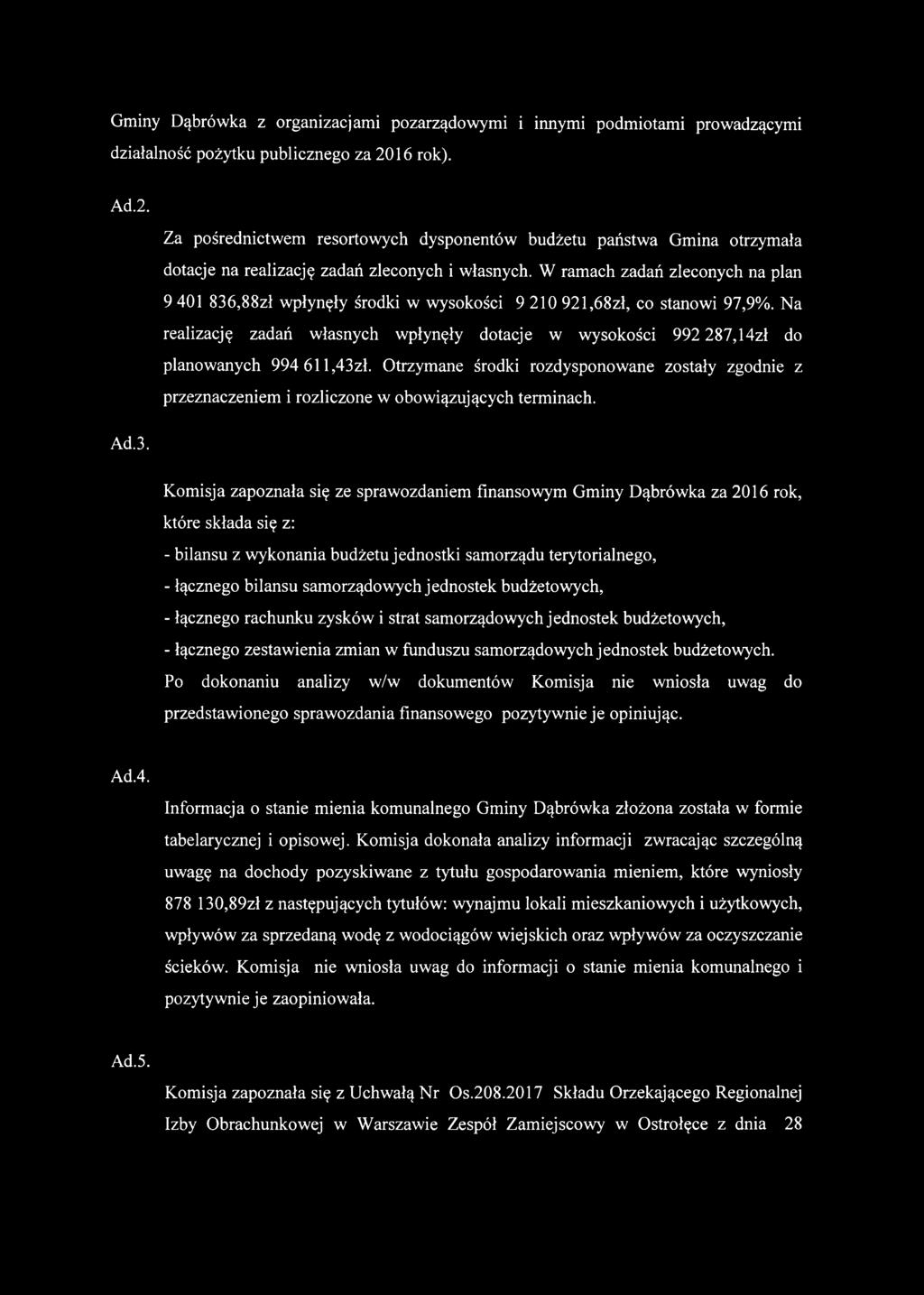 W ramach zadań zleconych na plan 9 401 836,88zł wpłynęły środki w wysokości 9 210 921,68zł, co stanowi 97,9%.