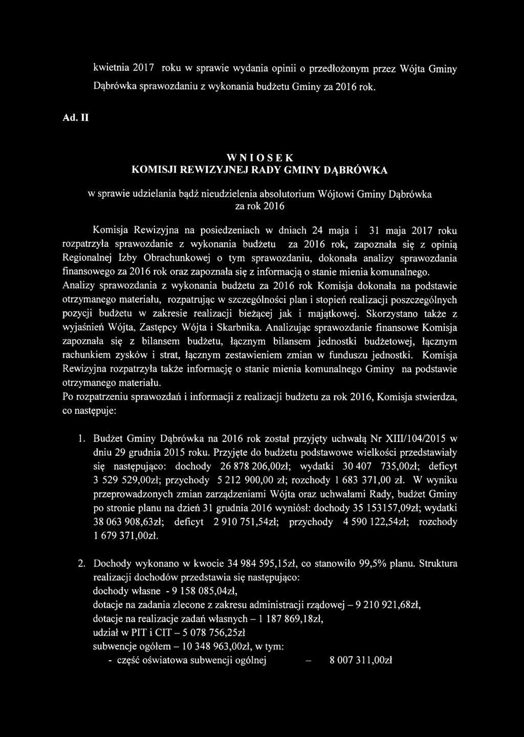 2017 roku rozpatrzyła sprawozdanie z wykonania budżetu za 2016 rok, zapoznała się z opinią Regionalnej Izby Obrachunkowej o tym sprawozdaniu, dokonała analizy sprawozdania finansowego za 2016 rok