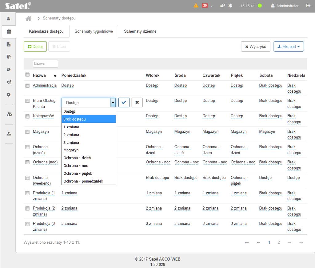 SATEL ACCO-WEB 45 Rys. 38. Edycja przykładowego tygodniowego schematu dostępu. 3.4.2.5 Filtrowanie tygodniowych schematów dostępu Pole nad kolumną Nazwa umożliwia filtrowanie listy.