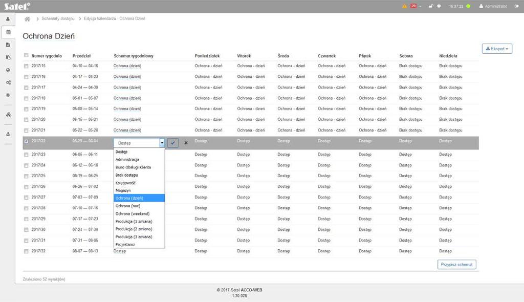 SATEL ACCO-WEB 51 Rys. 45. Edycja przykładowego kalendarza dostępu. 3.4.4.1 Przypisanie tygodniowego schematu dostępu do jednego tygodnia 1.