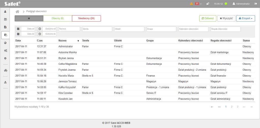 56 ACCO-WEB SATEL 3.6 Obecność 3.6.1 Podgląd obecności Strona umożliwia sprawdzenie, kto jest obecny, a kto nie, i czy użytkownicy przebywają tam, gdzie powinni.