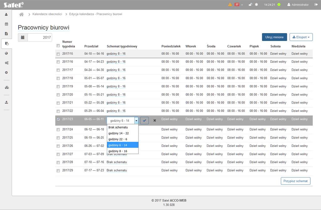 74 ACCO-WEB SATEL Przypisanie tygodniowego schematu obecności do jednego tygodnia 1.