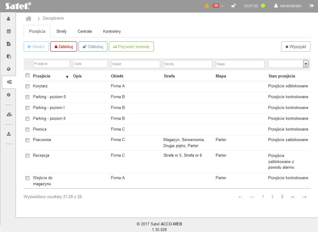 SATEL ACCO-WEB 87 3.8 Zarządzanie Możesz otwierać, blokować, odblokowywać i przywracać kontrolę przejść oraz stref.