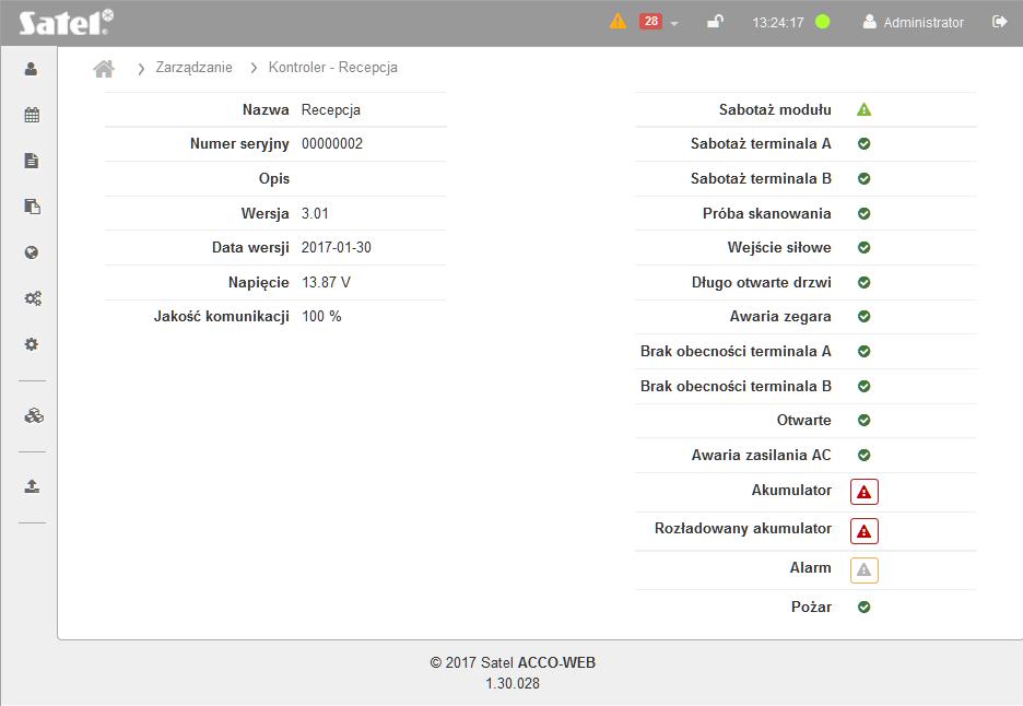 SATEL ACCO-WEB 93 Rys. 87. Przykładowy status kontrolera w zakładce Kontrolery na stronie Zarządzanie. Dodatkowe ikony informują o: alarmach kontrolera, awariach kontrolera. sytuacjach wyjątkowych.