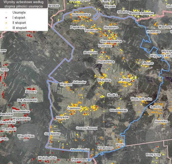 Mapa nr 6 Obszary gminy na których występuje azbest Źródło: http://esip.bazaazbestowa.gov.pl/geoserwis.