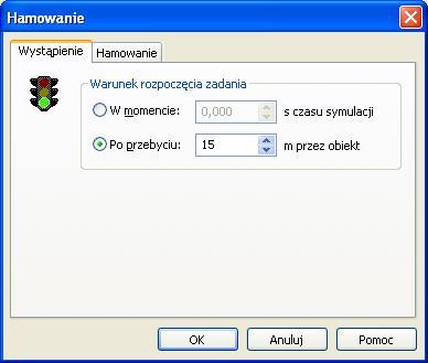 Rys. 7. Okno dialogowe zadania Hamowanie zakładka Wystąpienie Po pierwsze hamowanie możemy zadać jako jeden z parametrów stanu początkowego pojazdu.