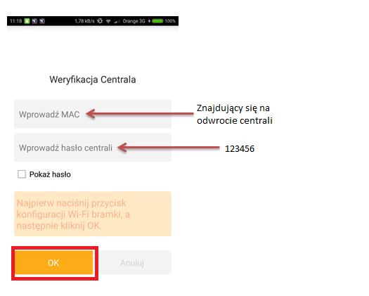 9) Należy wprowadzić adres MAC składający się z dwunastu znaków, znajdujący się na odwrocie urządzenia oraz hasło -> domyślne hasło