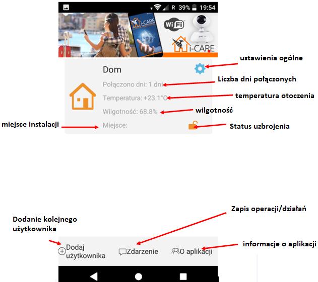 PANEL GŁOWNY APLIKACJI Ikona pomarańczowa domku oznacza połączenie z siecią/serwerem.