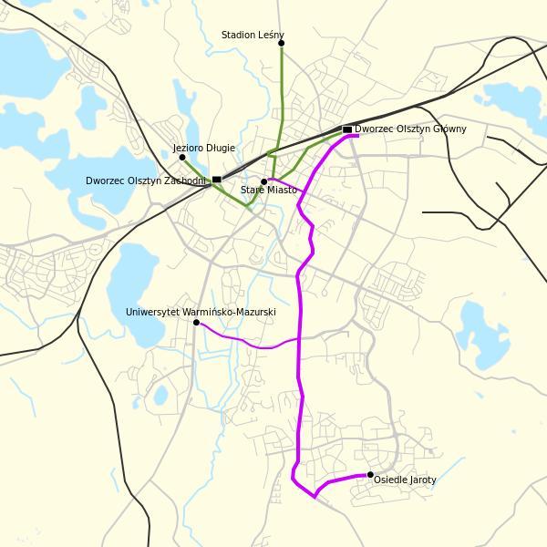 Rysunek 4 Graficzne przedstawienie dawnych oraz obecnych linii tramwajowych w Olsztynie. Kolorem zielonym przedstawiono linie istniejące przed 1965 rokiem, a różowym obecnie działające.