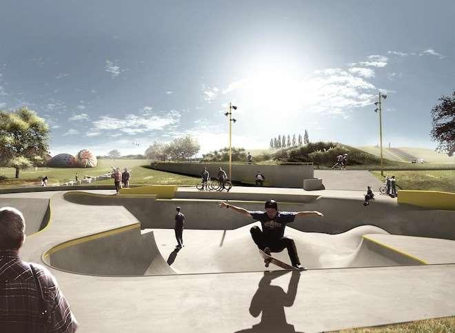 Skatepark w Roskilde, Dania pełniący funkcję zbiornika przeciwpowodziowego Skatepark o całkowitej