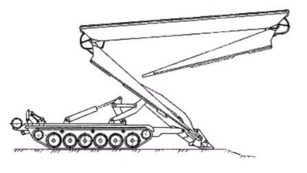 podwoziach czołgowych (gsienicowych). 7.1. Most szturmowy B -75 (BLG-67P) W latach 1972-1974 opracowano w OBRUM sp. z o.o., wspólnie z Wojskowym Instytutem Techniki Inynieryjnej i podmiotami z Niemieckiej Republiki Demokratycznej (NRD), most towarzyszcy B-75 (BLG-67P) rys.