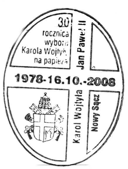 herb Ojca Świętego Jana Pawła II, kontur krzyża stempel w kształcie elipsy i tekst : 30 ROCZNICA WYBORU