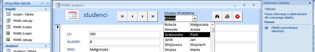 zaznacz opcję Znajdź rekord w kolejnym oknie dodaj pola NAZWISKO i IMIE do listy nie zmieniaj nic w oknie Szerokość kolumn w kolejnym oknie wpisz tekst etykiety pola kombi: SZUKAJ