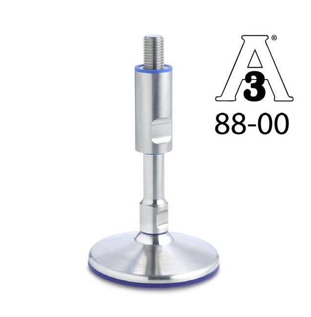 GN 20 Stopy wahliwe bez otworów o kotwienia Hygienic Design 18 Specyfikacja Typ Typ A: bez otworów o kotwienia Trzpień gwintowany, tuleja regulacyjna osłaniającą gwint, postawa Stal nierzewna AISI