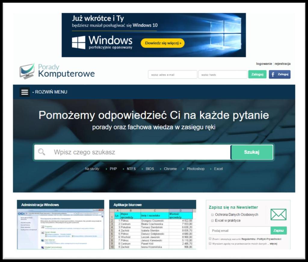 PoradyKomputerowe.pl formy reklamowe BANER na stronie głównej i na pozostałych podstronach serwisu.