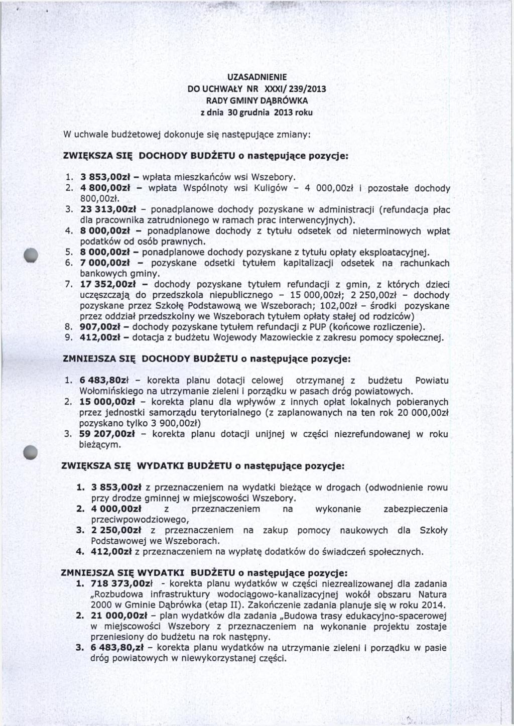 UZASADNIENIE DO UCHWAŁY NR X X X I/239/2013 RADY G M INY DĄBRÓWKA z dnia 30 grudnia 2013 roku W uchwale budżetowej dokonuje się następujące zmiany: ZWIĘKSZA SIĘ DOCHODY BUDŻETU o następujące pozycje: