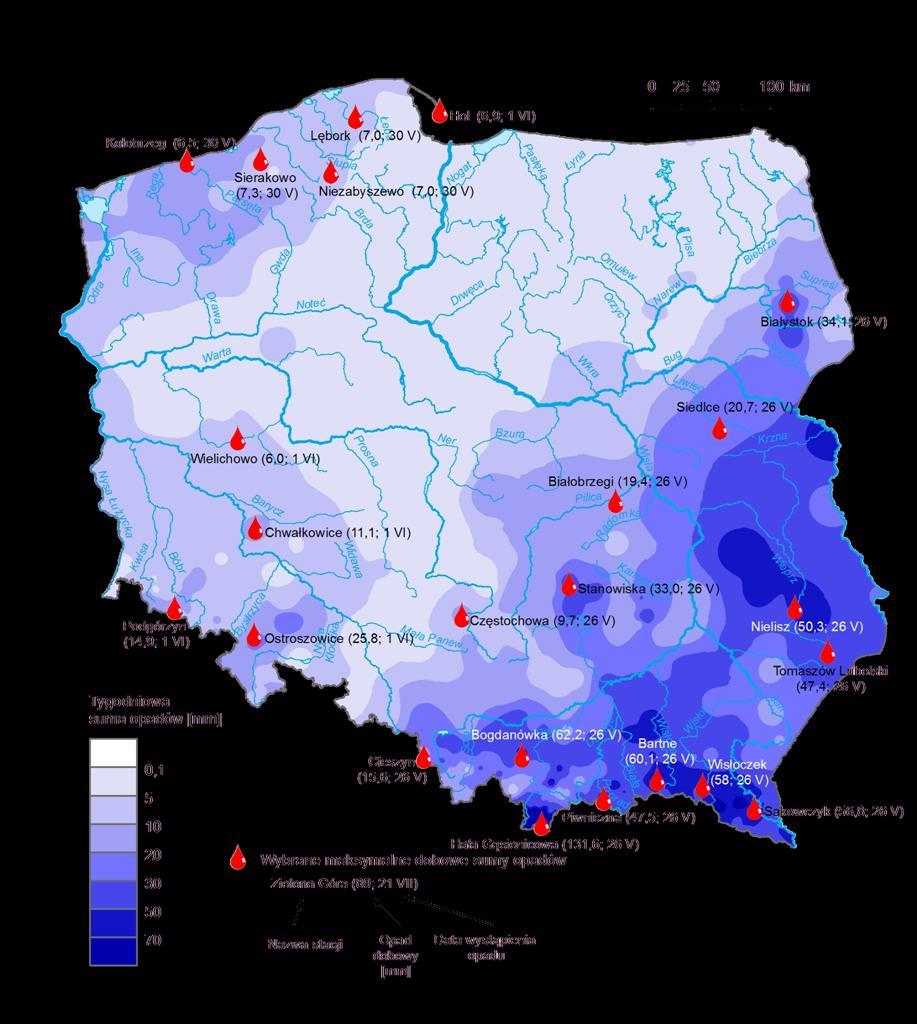 3. Rozkład tygodniowej sumy opadów oraz wybrane maksymalne