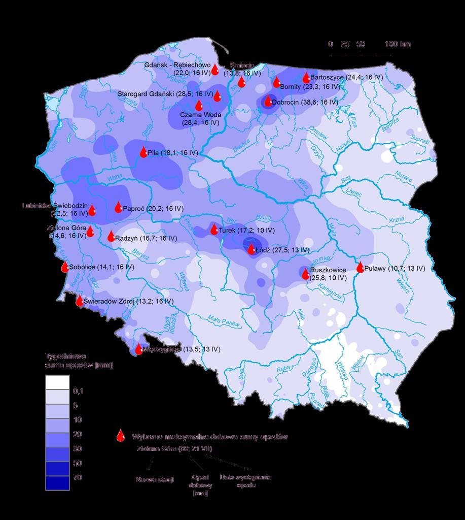 3. Rozkład tygodniowej sumy opadów oraz wybrane