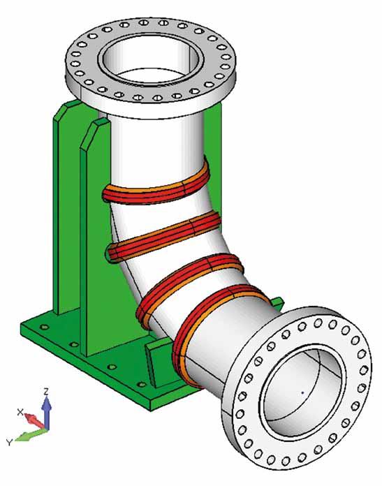 Rys. 2. Model MES kolana stopowego wsporczego 3-segmentowego DN500 PN110 widok izometryczny Rys. 3. Poziomice naprężeń zredukowanych.