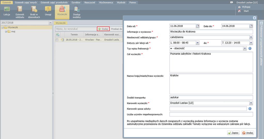 Uwzględniana jest także w dziennikach oddziałów oraz w module Zastępstwa.