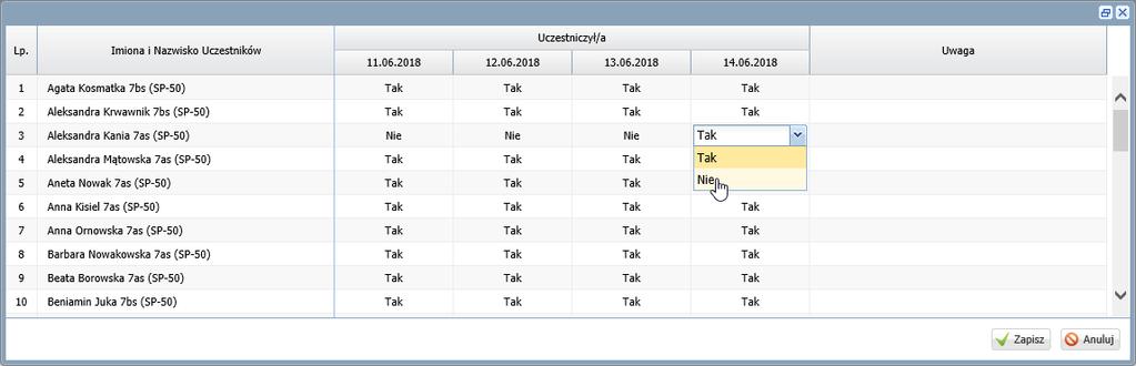 W dziennikach oddziałów, na stronie Frekwencja, w terminie odbywania wycieczki u