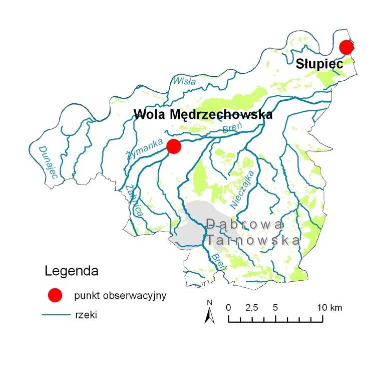 Mapa. Lokalizacja punktów obserwacyjnych osadów rzecznych na obszarze powiatu dąbrowskiego w 2011 roku Tab.