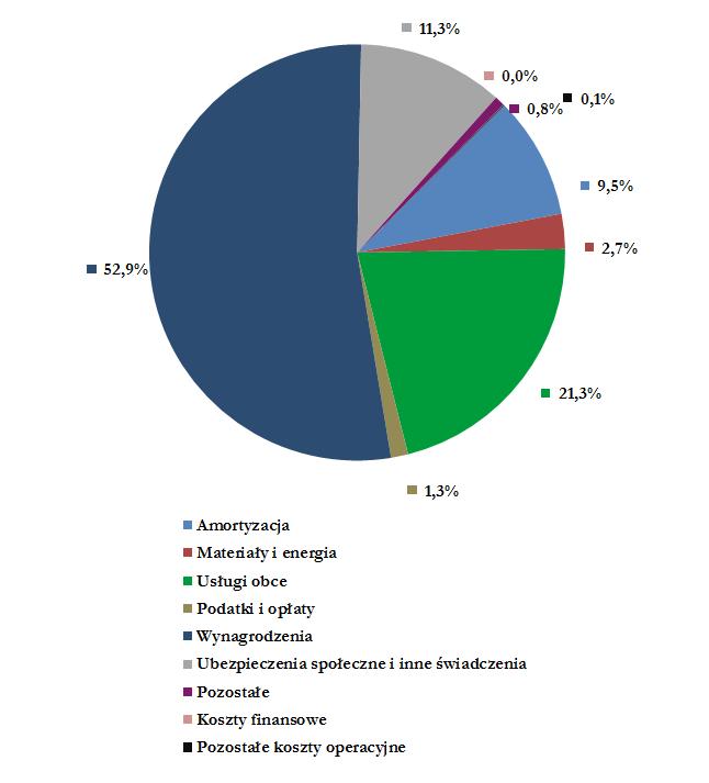 Struktura kosztów ogółem działalności bieżącej (z amortyzacją) w 2016 roku zasadniczo nie uległa zmianie w stosunku do roku 2015.