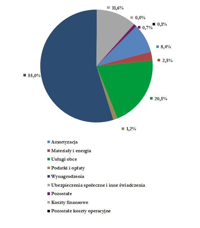 obce (20,5% kosztów ogółem) i w stosunku do roku 2015 (21,3% kosztów) uległy niewielkiemu spadkowi, ubezpieczenia społeczne i inne świadczenia (11,6% kosztów ogółem) które w stosunku do roku 2015